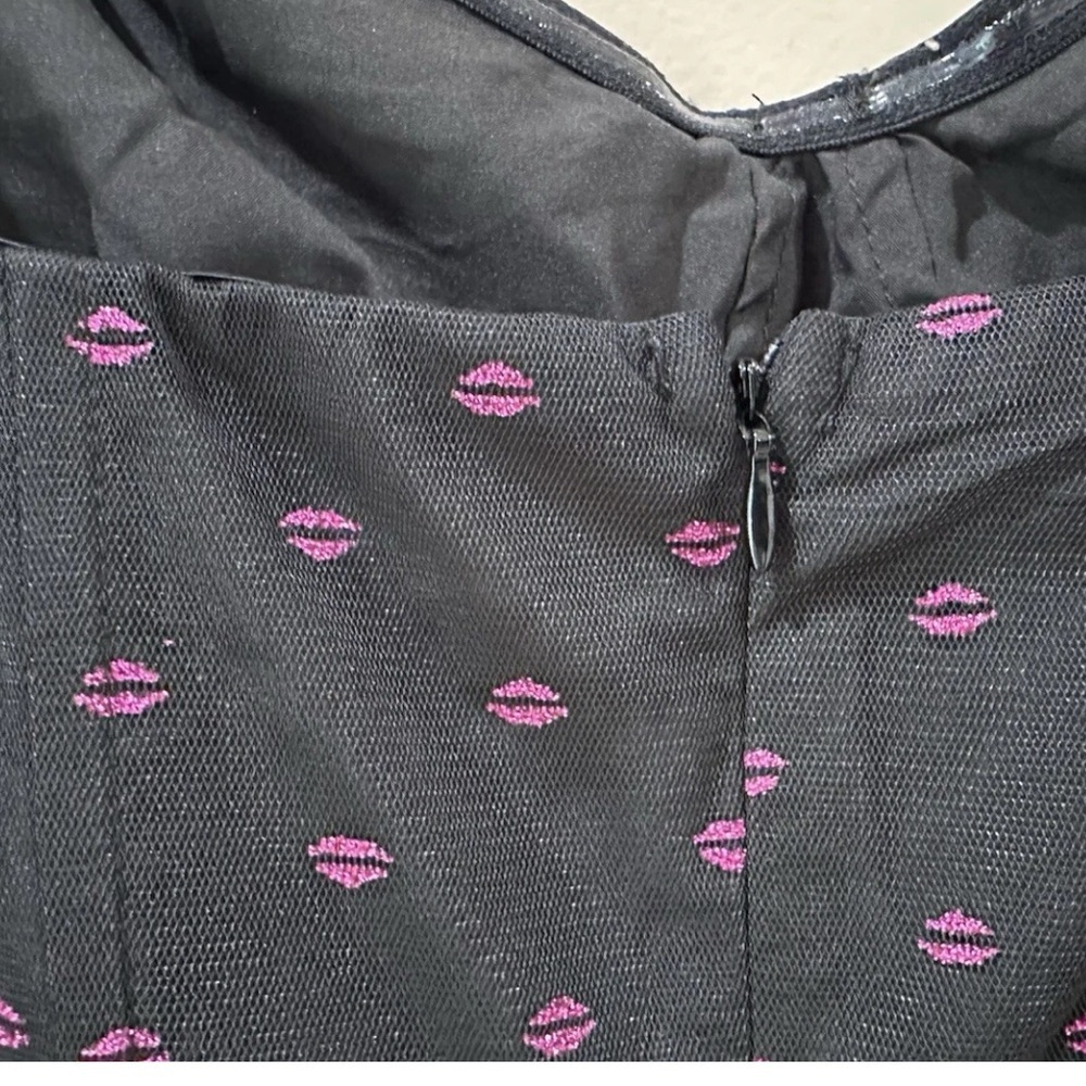 NWT Betsey Johnson Midi Dress Women 10 Black Foil Lip Print Tulle Bustier - Picture 8 of 8